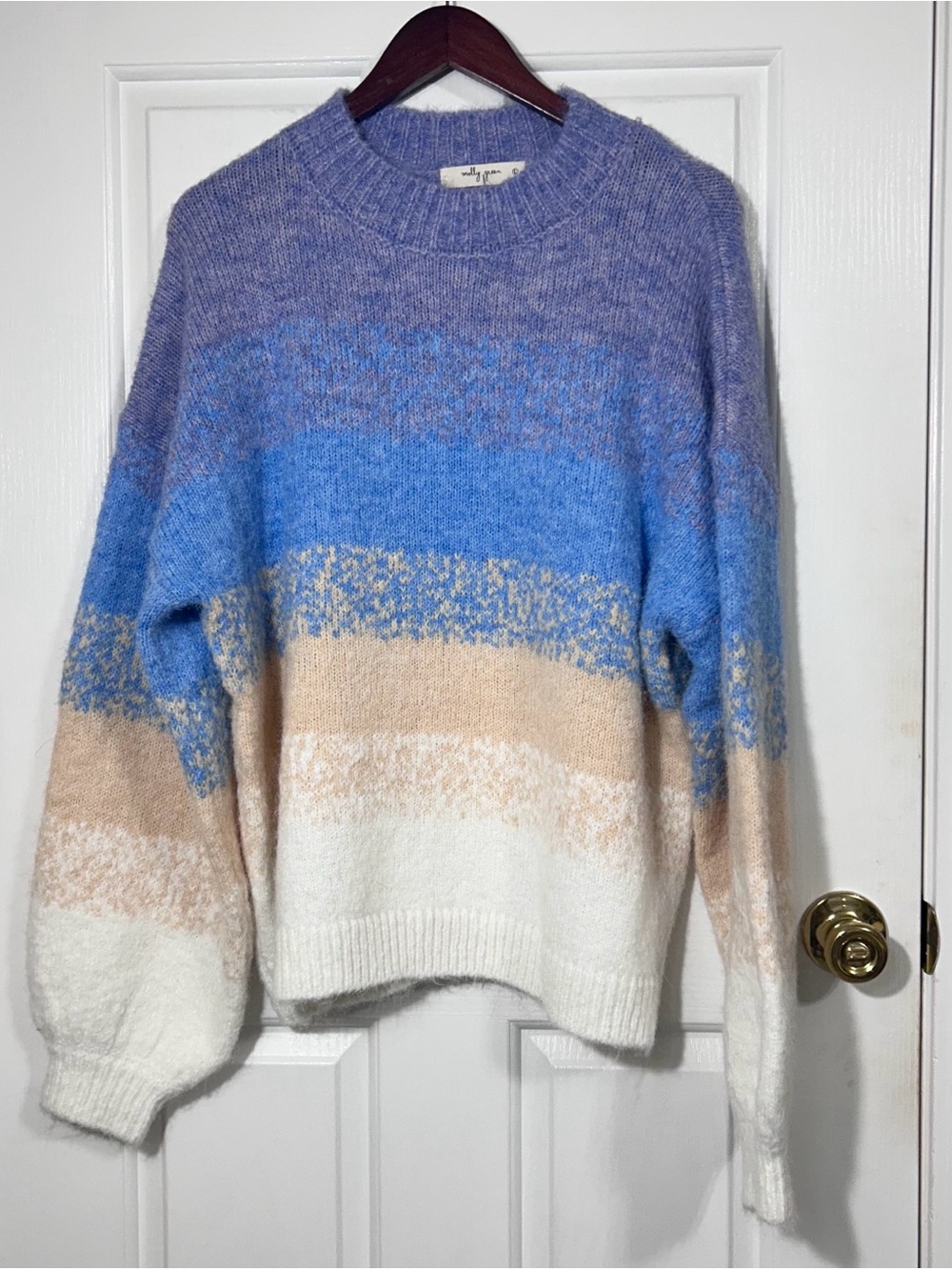 Molly Green Ariana Ombre Stripe Sweater L Blue Tan White Fluffy Knit Pullover